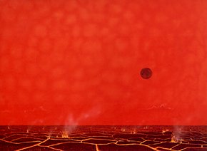 Matahari yang menjadi raksasa merah akan mengisi langit seperti yang tampak dari bumi. Gambar ini menunjukan topografi Bumi yang sudah meleleh menjadi lava. Tampak siluet bulan dengan latar raksasa merah. Copyright William K. Hartmann
