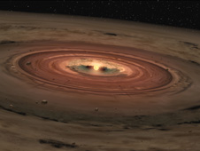 Bintang yang masih sangat muda, dikelilingi piringan gas dan debu. Piringan ini berisi materi dasar pembentuk planet batua seperti Bumi. Kredit Gambar :NASA/JPL-Caltech