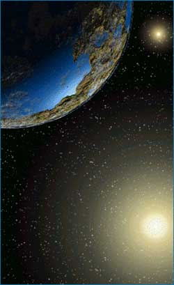 Planet kebumian di Alpha Centauri. Ilustrasi artis oleh : Mark Fischer