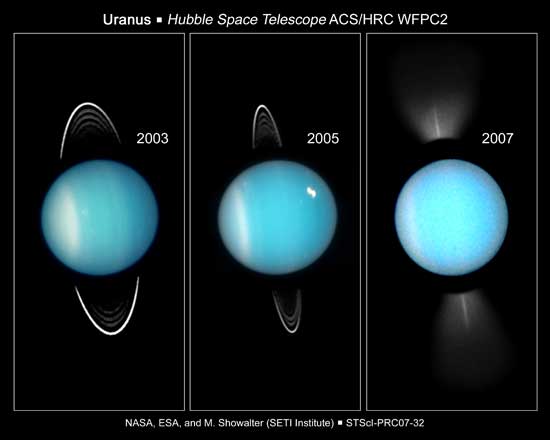 Penampakan Uranus dari Bumi pada tahun 2003, 2005 dan 2007. Kredit : NASA