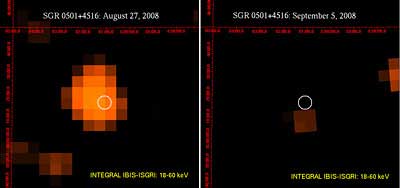 Sinar-X berenerdi tinggi dari SGR 0501+4516 yang diamati Integral.  Kredit: ESA/INTEGRAL/IBIS-SIGRI (Rea et al. 2009)