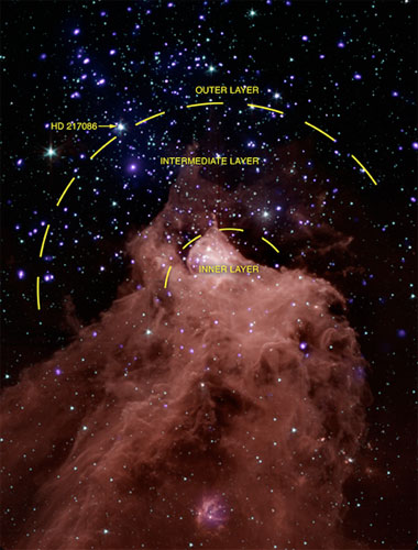 Citra Cepheus B yang diambil Chandra Observatory dan Teleskop Spitzer, disertai area di Cepheus B yang menunjukkan perbedaan kandungan bintang di dalamnya. Kredit : NASA/Chandra/Spitzer