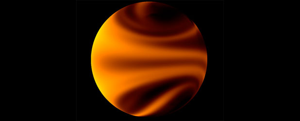 Simulasi pola temperatur pada atmosferik global planet yang baru ditemukan di 61 Virginis. Pola alirannya menunjukkan kemiripan dengan pola di planet Venus. Kredit : J. Langton, Principia College.