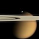 Foto cincin A dan F di Saturnus disertai satelit Epimetheus dan Titan yang diambil Cassini tahun 2007. Kredit : NASA/JPL/Space Science Institute