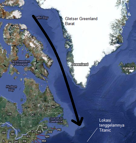 Kawasan Atlantik Utara dalam proyeksi Mercator. Gunung-gunung es dari gletser Greenland Barat dihanyutkan arus Labrador (panah hitam) menuju perairan Atlantik utara. Sumber : Sudibyo, 2012 dengan peta dari Google Maps.