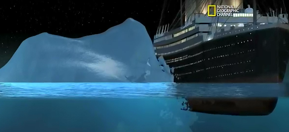 RMS Titanic saat bersinggungan dengan gunung es, menurut simulasi James cameron dkk berdasarkan data Woods Hole Oceanographic Institute dan RMS Titanic Inc. Sumber : National Geographic, 2012.