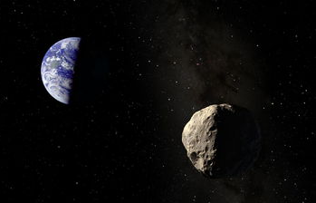 Gambar 1. Simulasi artis saat asteroid Apophis mendekati Bumi (latar belakang) pada Minggu 23 Maret 2036 kelak. Sumber : Space.com, 2013. 