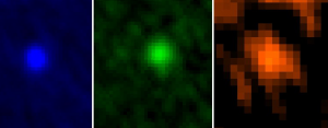 Gambar 2. Asteroid Apophis sebagaimana diabadikan teleskop antariksa Herschel pada 5-6 Januari 2013 dalam spektrum inframerah dan gelombang pendek(dari kiri ke kanan masing-masing dengan panjang gelombang 70.000, 100.000 dan 160.000 Angstrom). Observasi ini menghasilkan fakta baru: diameter asteroid Apophis ternyata 75 % lebih besar dari yang diperkirakan sebelumnya. Sumber : Space.com, 2013. 