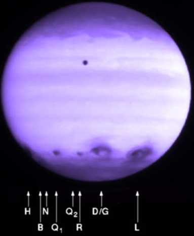 Gambar 3. Jejak tumbukan fragmen-fragmen komet Shoemaker-Levy 9 dengan Jupiter pada 1994 silam, nampak terkonsentrasi di sekitar garis lintang tertentu di hemisfer selatan Jupiter. Sumber : STScI, 1994.  